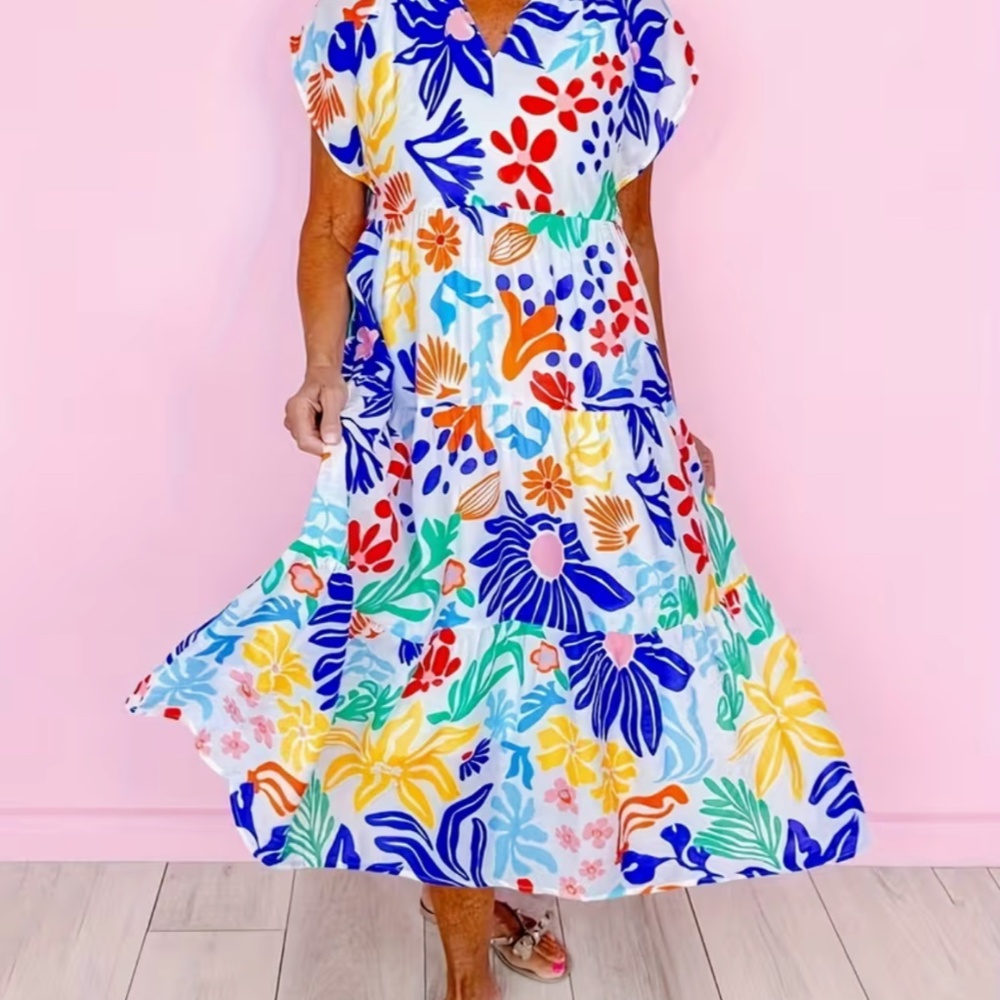 Lightweight Polyester Women's Vibrant Multicolor Floral Print Dress Sz M